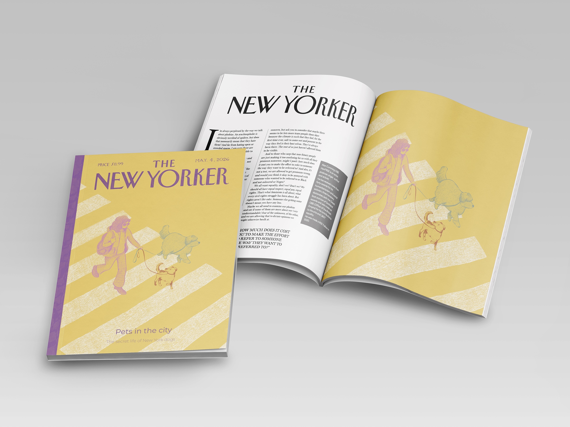 Un progetto personale che reimmagina una copertina di The New Yorker — non ufficiale, senza alcun legame con la rivista, realizzato puramente come esercizio di design.
L'illustrazione utilizza una palette piatta di quattro colori (giallo, viola, rosso, blu), raffigurando una donna che attraversa sulle strisce pedonali con due cani, vista dall'alto.